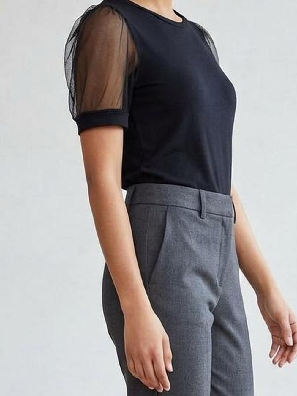 Elie Tahari Black Short-Sleeve Tee with Sheer Puff Sleeves
